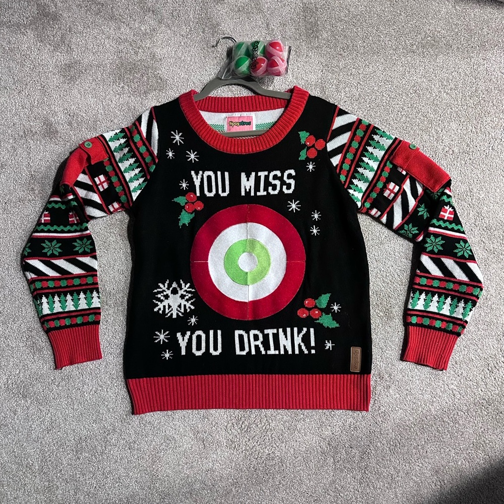 Tipsy Elves Black and Red Holiday “Drinking Game” Sweater size Large